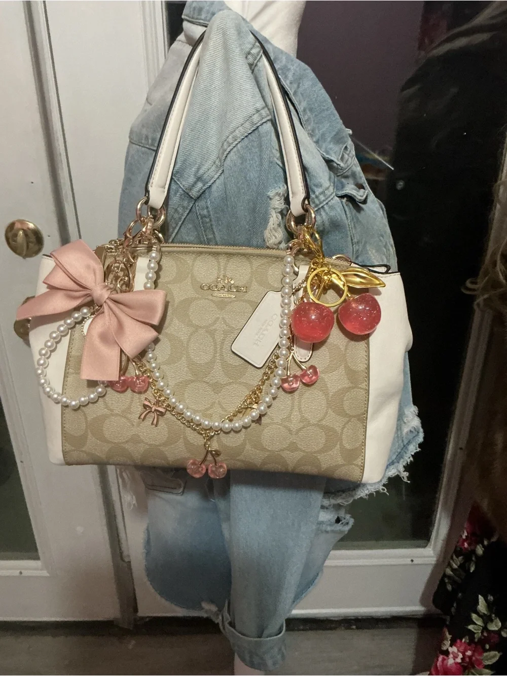 Coach Beige Signature Satchel with White Trim and Pink Accents